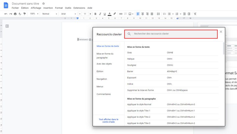 raccourcis clavier google docs