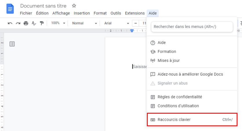 raccourcis clavier google docs