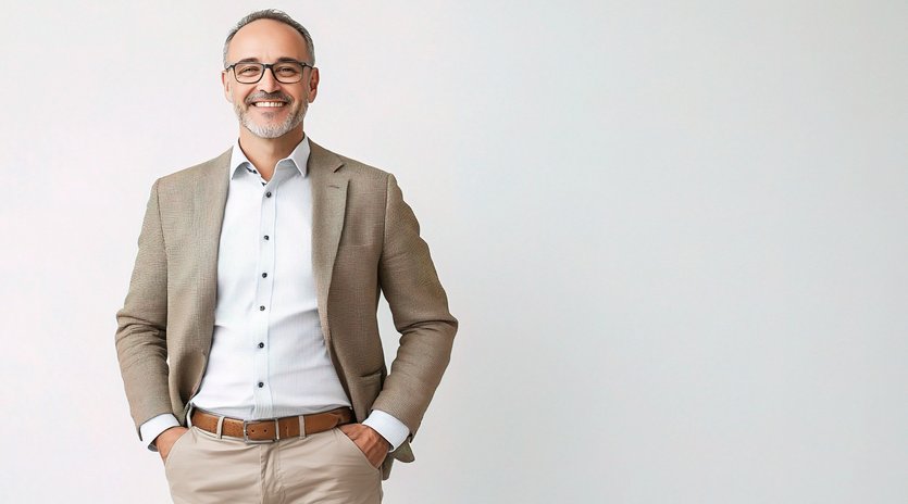 Témoignages clients vecteezy a man in a suit and glasses standing in front of a white